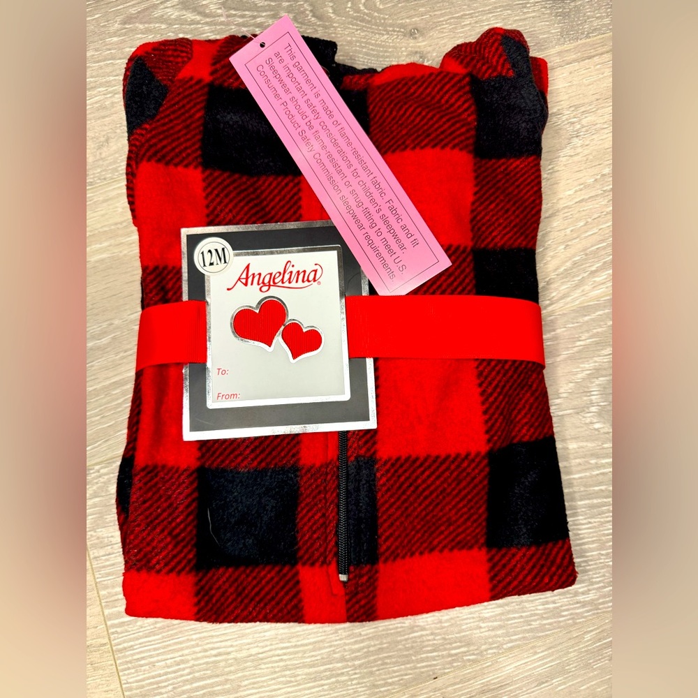 Angelina Red & Black Buffalo Plaid Zip-Up Fleece Romper/onesie, Sz 12 months